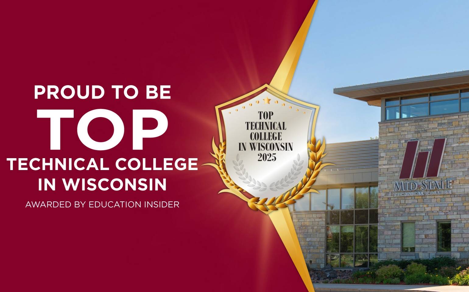 Logo for Education Insider’s Top Technical College in Wisconsin 2025 award, given to Mid-State Technical College.